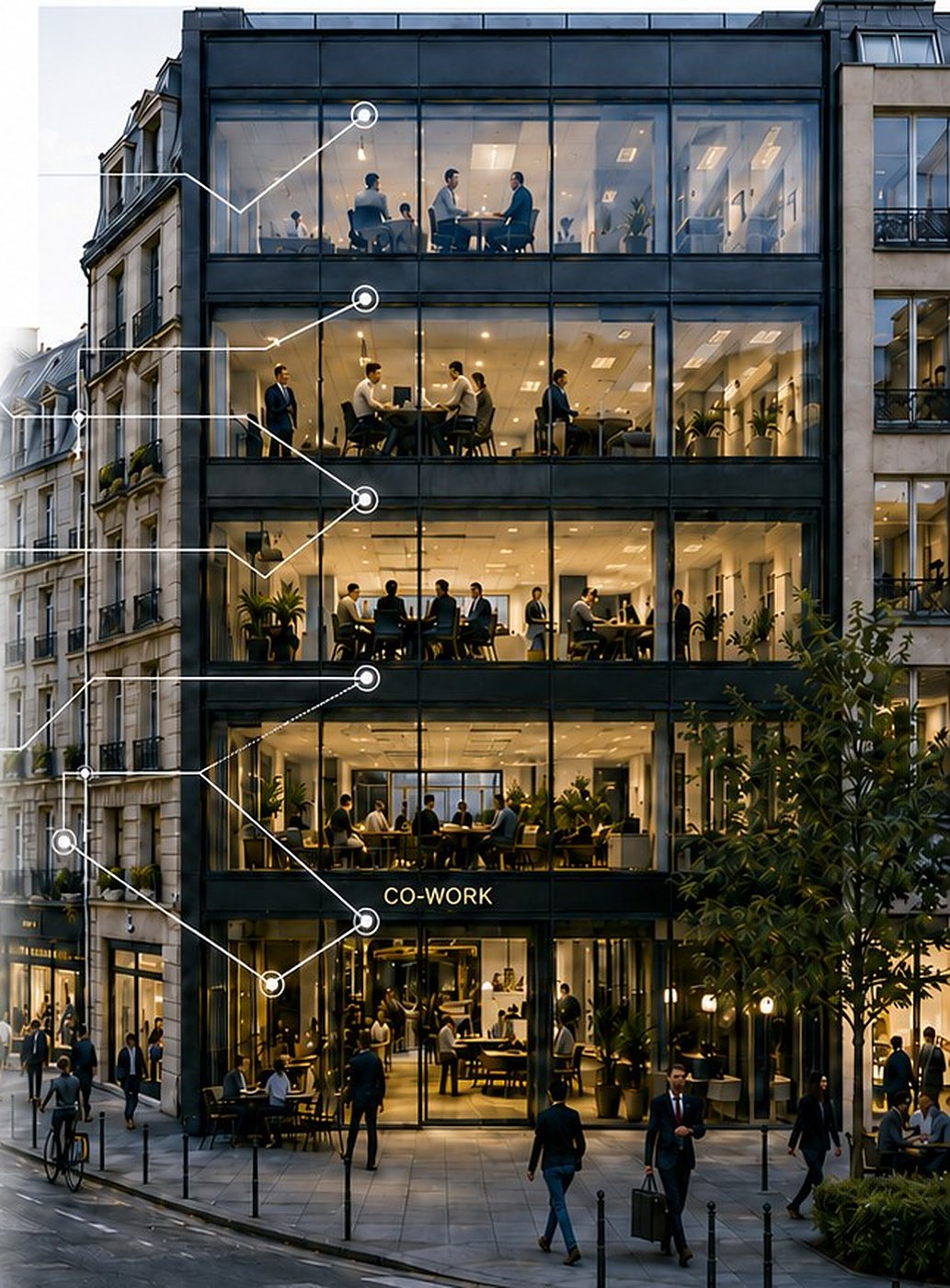 Mehrgeschossiges Gebäude mit Co-Working-Flächen