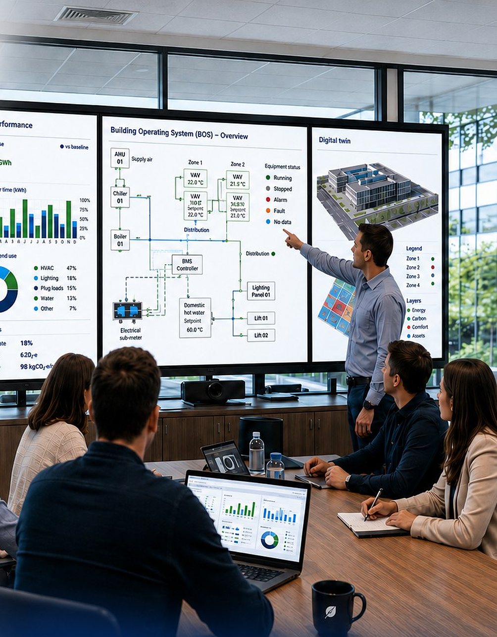 Team analysiert Energie-Performance am Bildschirm