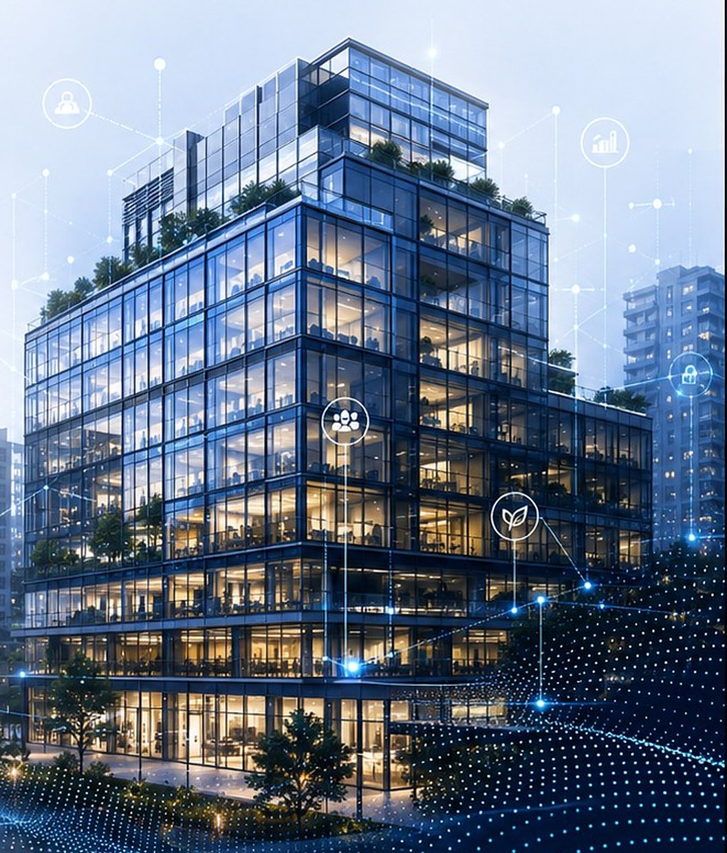 Vernetztes, beleuchtetes Bürogebäude mit Datenpunkten