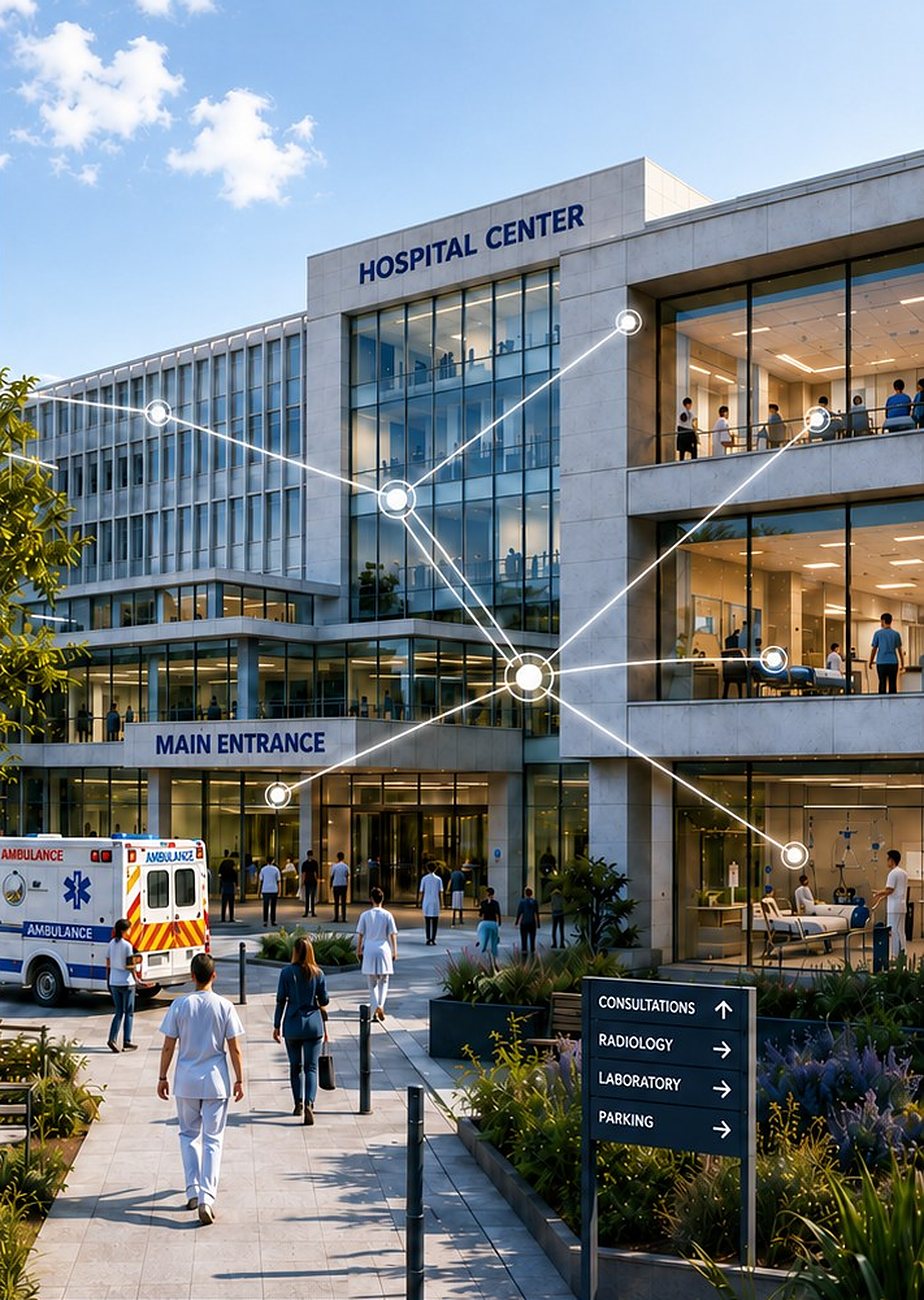 Eingangsbereich eines Krankenhauses mit vernetzten Services