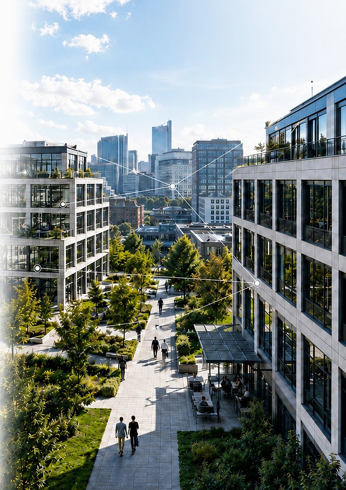 Stadtquartier mit begrünten Bürogebäuden